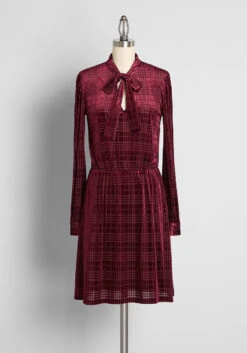 Adored In Bordeaux Velvet Tie-Neck Dress